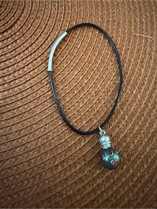 Jewelry - Silver-Tone Green & Pink Pendant Necklace on Black Cord